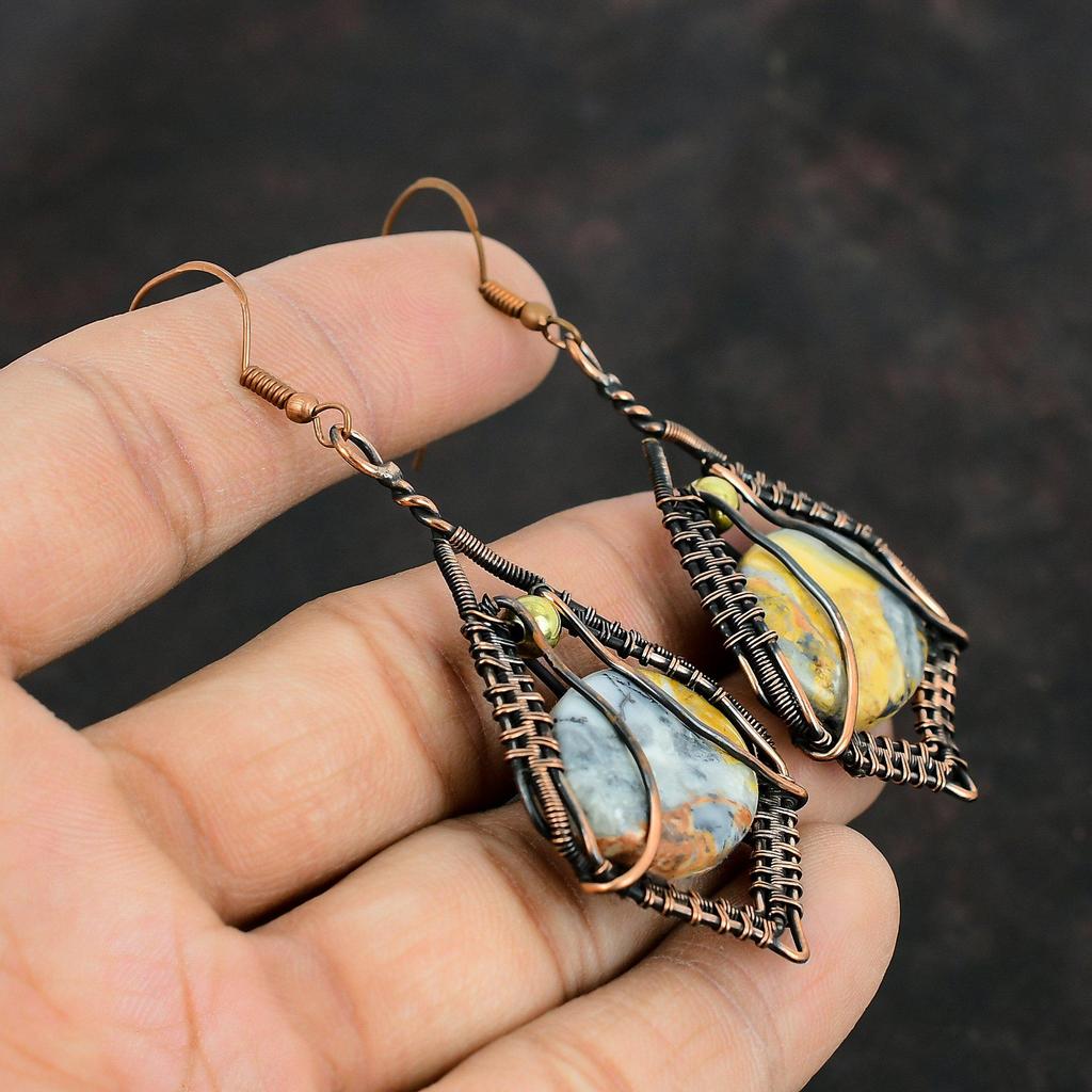 Серьги из яшмы Малигано Серьги с медной проволокой, обмотанные медью, ювелирные изделия ручной работы из меди, серьги с драгоценными камнями, подарки на годовщину, замечательные ювелирные изделия с проволокой