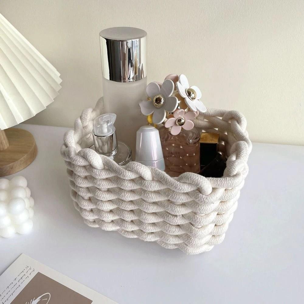 Nordic Style Woven Basket Rectangular Multi-functional Storage Basket Hand-woven Cotton Rope Basket Bathroom Storage