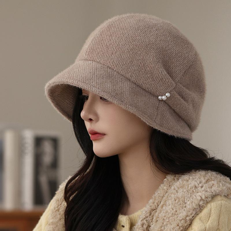 Pearl Baotou stacking hat children's autumn and winter new wide brim shows small face temperament elegant warm basin hat tide