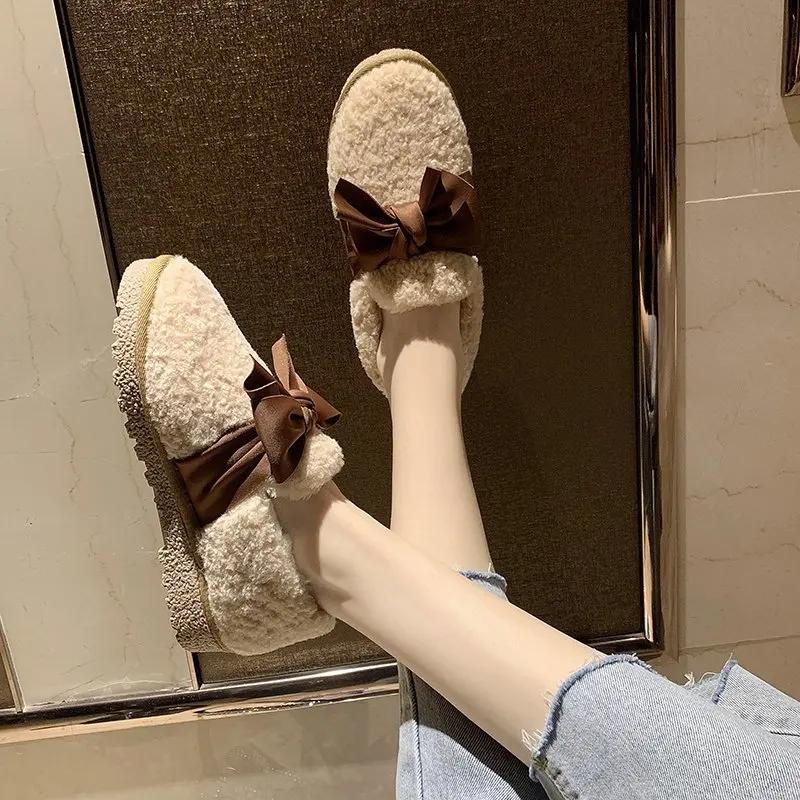 Fashion Women Moccasin Shoes Bow-Knot Slip-on Female Footwear Clogs Platform Loafers Fur Round Toe Casual Sneaker Winter Moccasins Butte