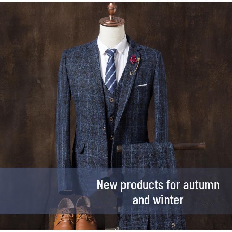 2024 Men's British Slim Plaid Three-Piece Suit: Trendy Autumn/Winter Fashion
