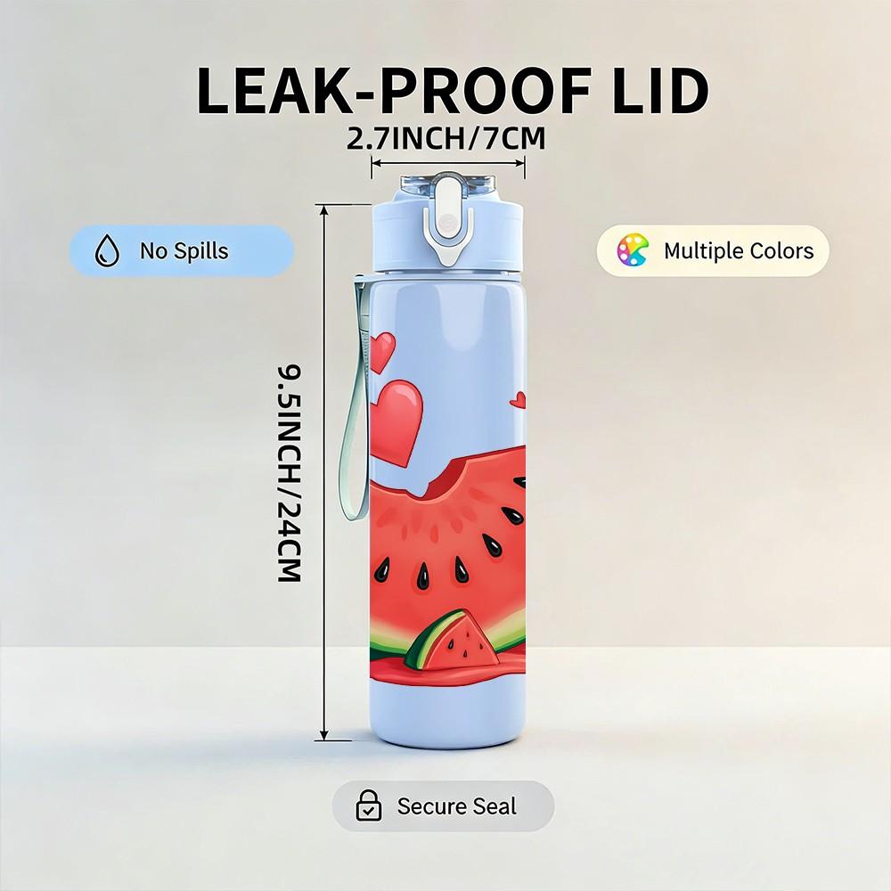 1PC Slice Watermelon With Heart Print 750ml Color Plastic Sports Water Bottle Leakproof Flip Straw Lid Suitable for Sports Office Home Use