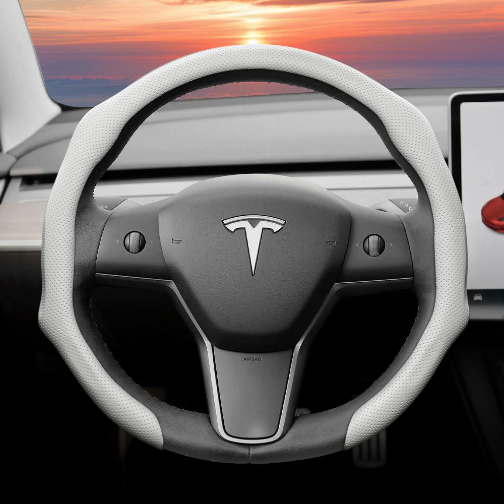 Подходит для Tesla, Чехол на перфорированное кожаное рулевое колесо, Нескользящий, Впитывающий пот, Дышащий, Интегрированный защитный чехол-защелка для Model 3 Y S