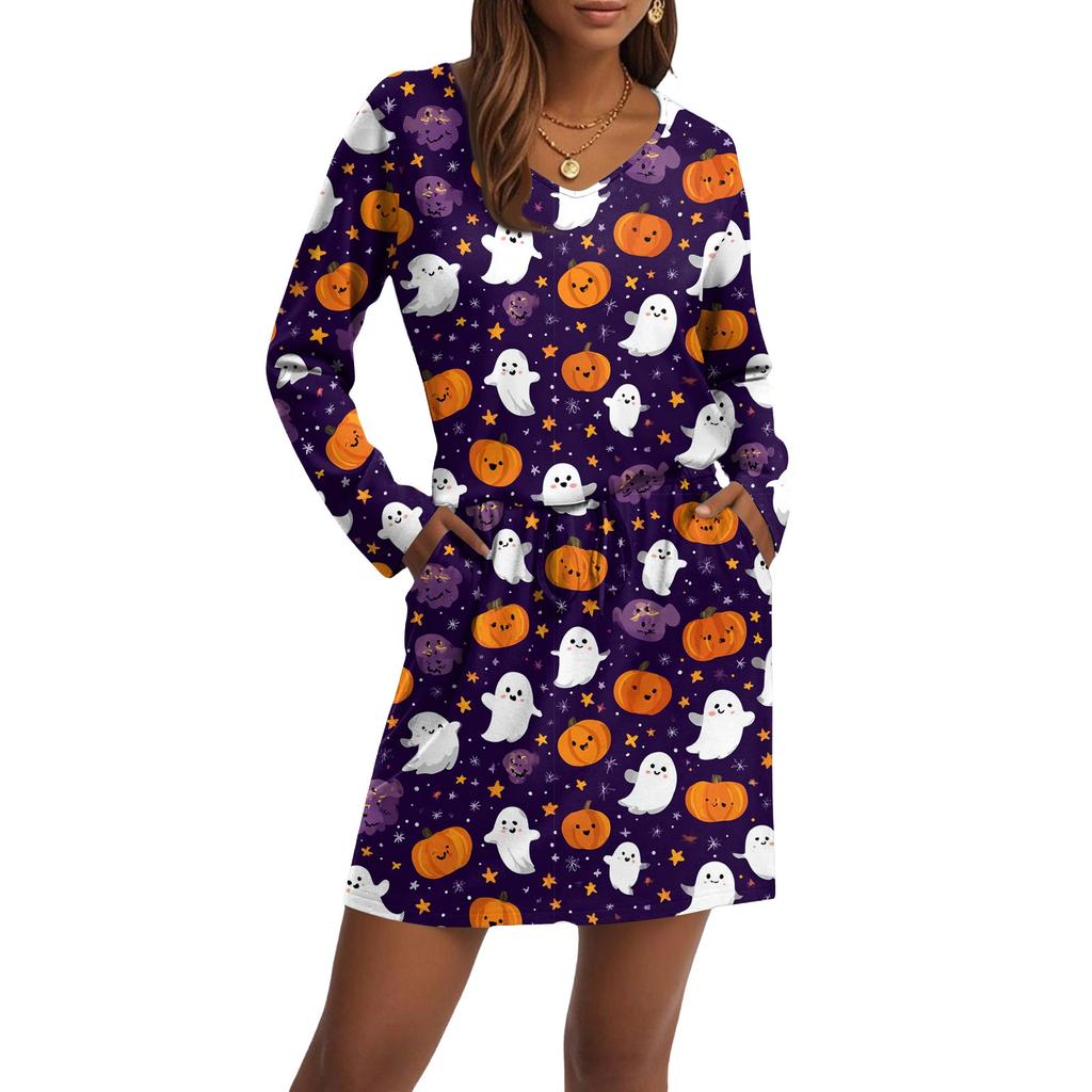 Women's Fashionable V-neck Long Sleeved Drawstring With Pocket Halloween Printed Casual Dress