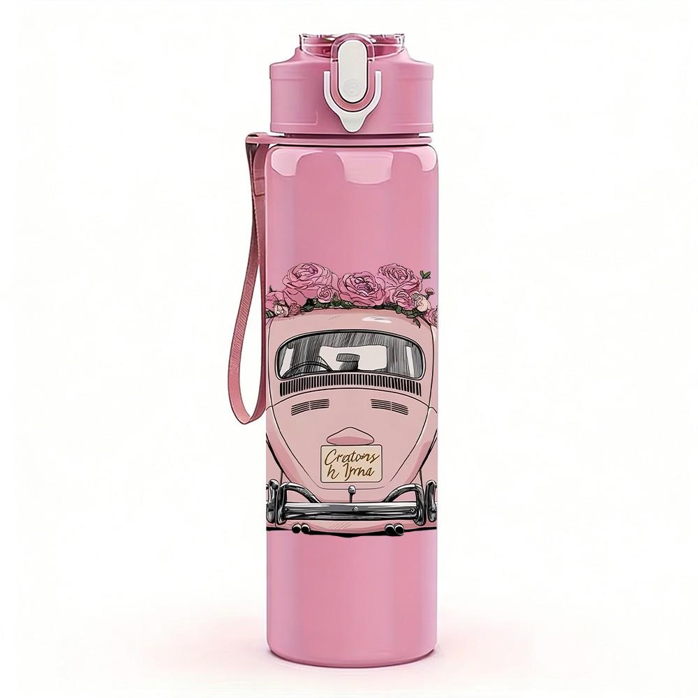 1PC Pink Car Vintage Retro Pattern 750ml Color Plastic Sports Water Bottle Leakproof Flip Straw Lid Suitable for Sports Office Home Use