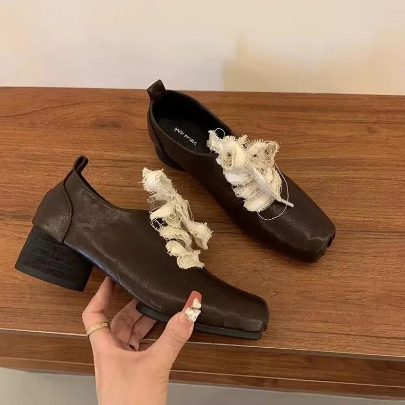 Женская Мода Туфли на Толстом Каблуке Весна Новинка Квадратный Носок Шнуровка Спереди Противоскользящие Износостойкие Высокие Каблуки