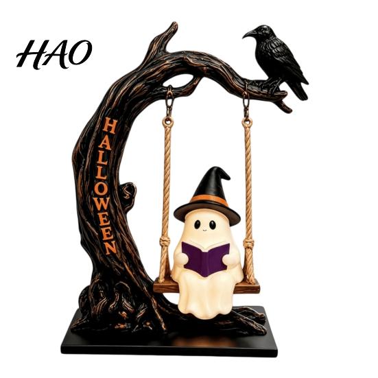 Halloween Home Decor Gifts Swinging Ghost on Tree Figurine, Resin Swing Statue, Spooky Porch Accessories Reading Ornament, Indoor Outdoor Tabletop