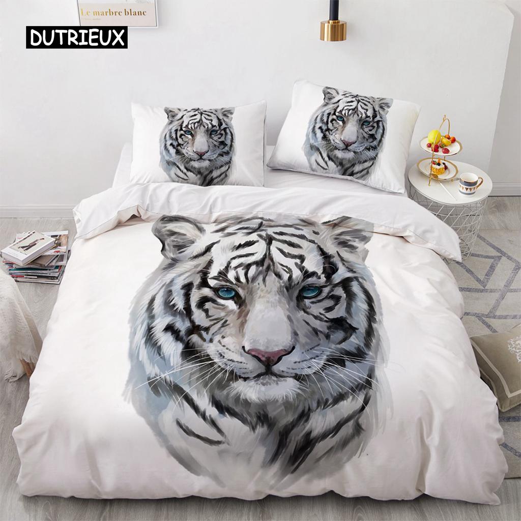 Комплект постельного белья 3D, черный пододеяльник, комплект стеганого одеяла, наволочка, размер King Queen, полиэстер с принтом тигра и животных
