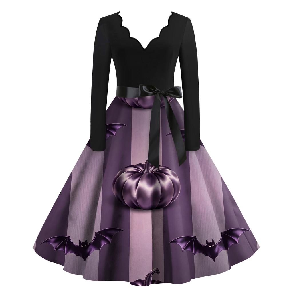 Women's Halloween Printed Long Maxi Dress for Costume Party