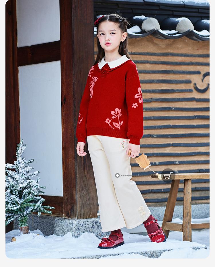 David Bella Girls' Knitted Sweater Autumn Collection New Children's Red Sweater Chinese Style Children's Clothing