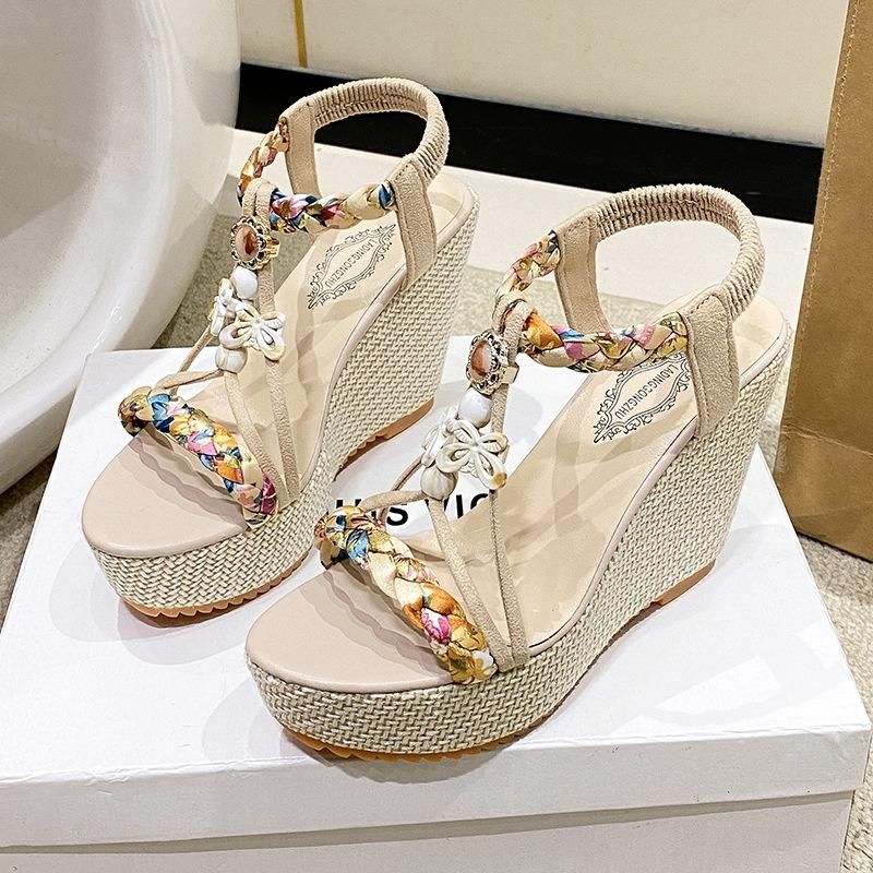 Богемные сандалии женские весна лето новые сандалии на танкетке платформе со стразами с открытым носком сандалии больших размеров