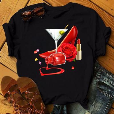 Женская летняя футболка тренд принт туфли на высоком каблуке ретро мода футболки с коротким рукавом повседневные принтованные топы