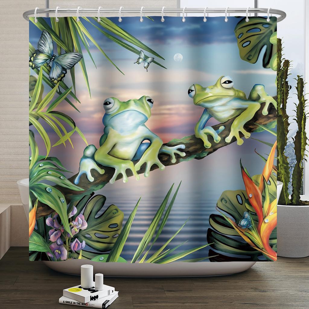 Funny Frog Shower Curtain for Bathroom Mushroom Butterfly Floral Green Plant Cartoon Animal Waterproof Polyester Shower Curtain
