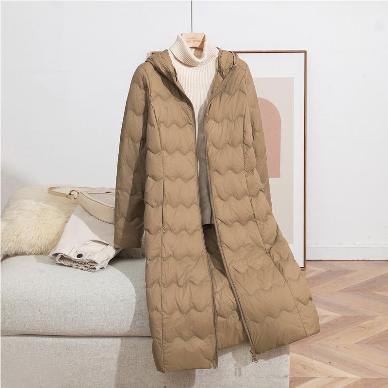 Women's Long Over-the-Knee Lightweight Duck Down Hooded Winter Jacket - Korean Style, Slimming, and Warm.