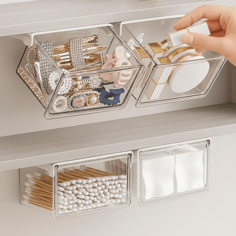 Plastic Under Desk Drawer Organizer Self Adhesive Qtip Holder for Swabs Floss
