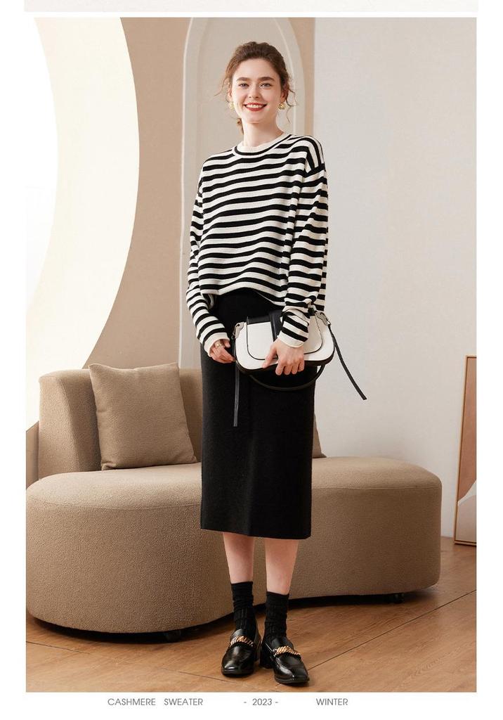 Women's Black & White Striped Wool Sweater - 2023 Autumn/Winter Collection, Cashmere Knit, Long Sleeve, Loose Fit