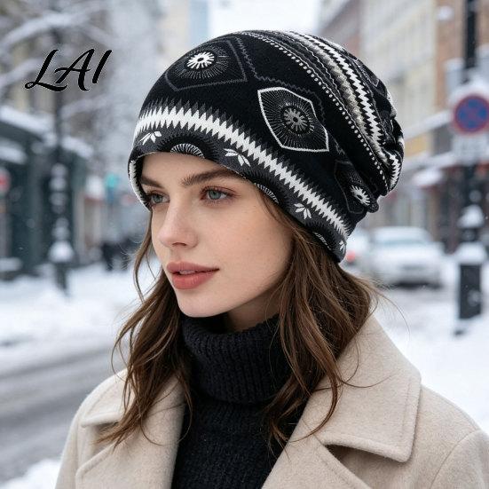 Versatile Lazy Style Hair Tie Women's Geometry Print Slouchy Hat Casual Soft Stretch Skull Hat for Women Cap Warm Cancer Chemo Headwear Outdoor