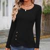Women's Fashionable Round Neck Long Sleeved Button Temperament Commuting Casual Pullover T-shirt Top