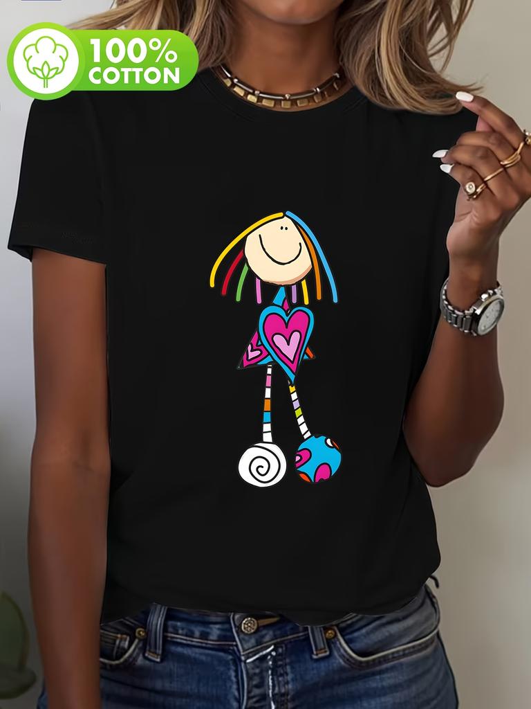 Colorful Heartshaped Figurine Print Round Neck Short Sleeved Tshirt Comfortable Casual Short Sleeved Tshirt In Summer
