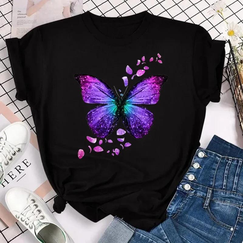 Women's Colorful Butterfly Petal Print T-shirt Short-sleeved Round Neck Cute Graphic Top