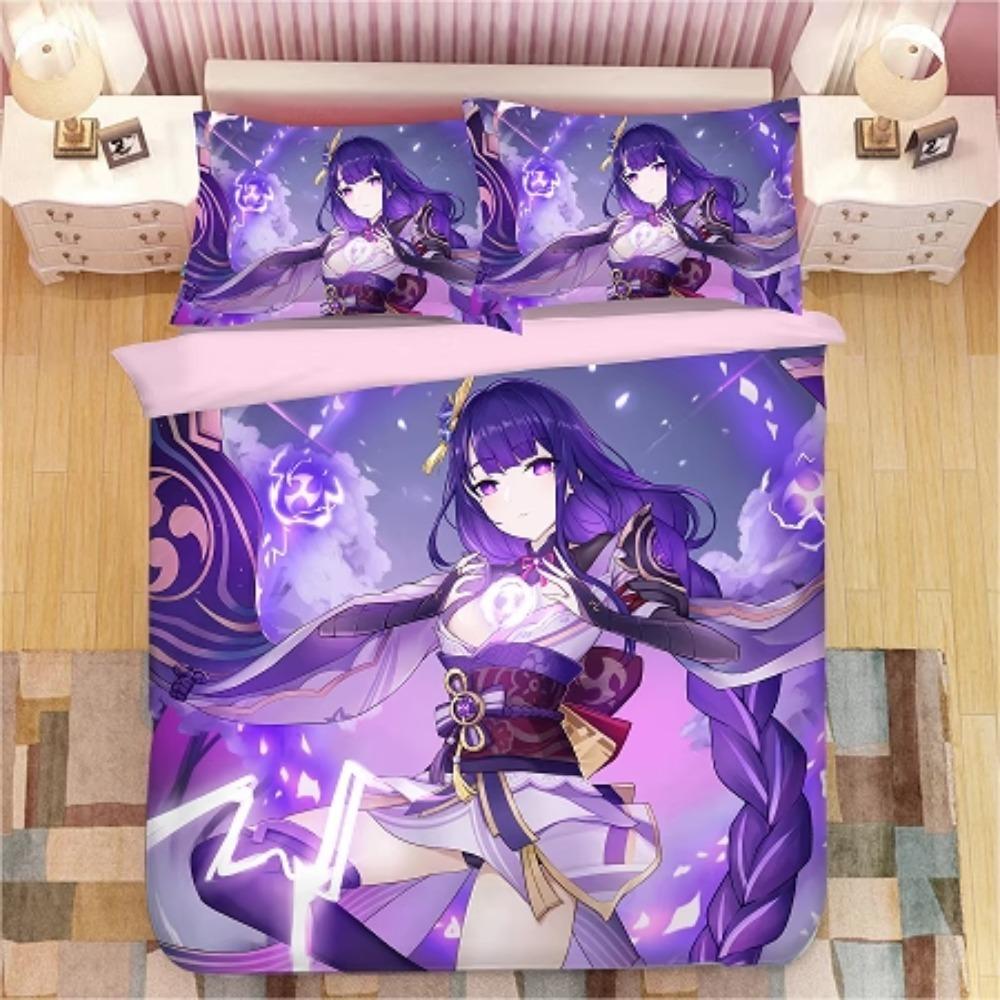 Anime Character Microfibre Bedding Sets for Kids Teens Adults Purple Duvet Cover with Zip Room Decor