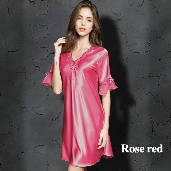 Сексуальное шелковое атласное ночное платье с коротким рукавом, ночная рубашка, кружевное платье для сна, ночная рубашка с v-образным вырезом, ночная рубашка, одежда для сна, ночная рубашка