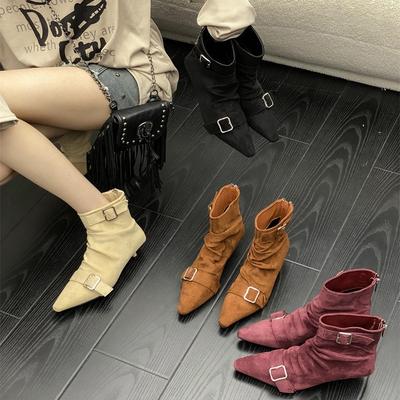 Французские ретро квадратный носок толстый каблук короткие ботинки женские 2025 осень и зима новая пряжка ремень плиссированные ботинки-чулки универсальные тонкие ботинки