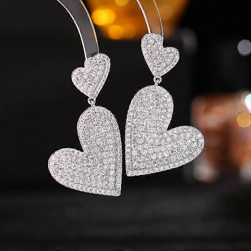 S925 Silver Needle Exaggerated Atmosphere Light Luxury High-end Earrings Slightly Full of Zircon Heart-to-heart Double-layer Love-shaped Earrings