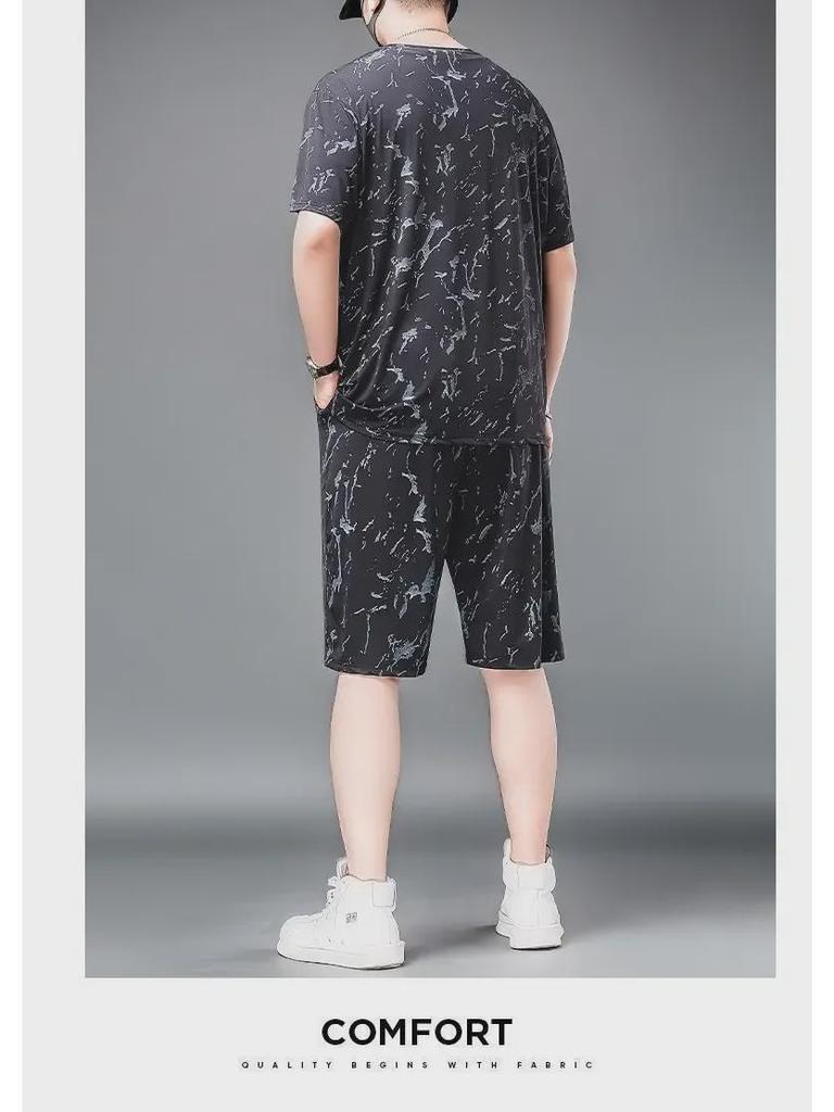 Мужской спортивный костюм из двух частей Ice Silk Mesh большого размера - футболка и шорты