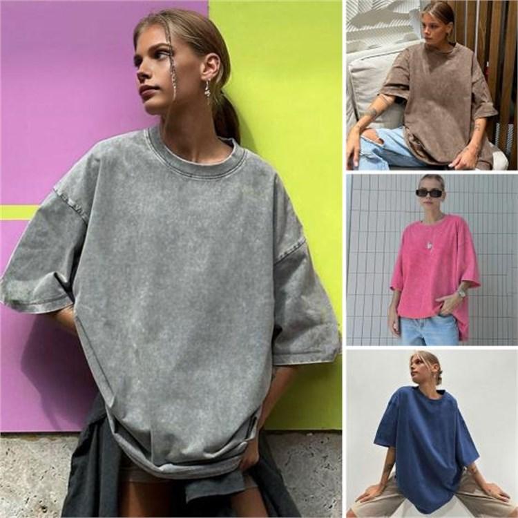 Women Round Neck Short Sleeve Loose Fit Solid Color Washed Distressed Retro Tee Pullover Tops Streetwear