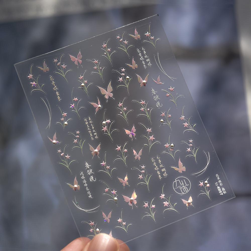 Pearl Inlay Pink Butterfly 3D Relief Nail Stickers DIY Manicure White Flower with Rehinstone Self Adhesive Decal Charm