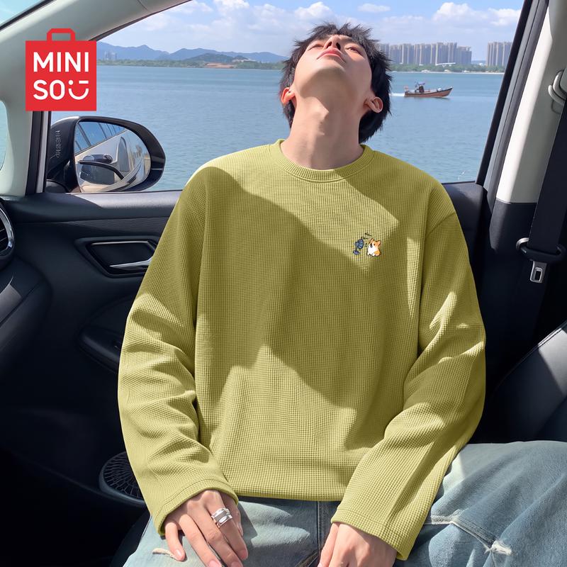 MINISO Футболка с круглым вырезом и длинным рукавом, вафельная вязка