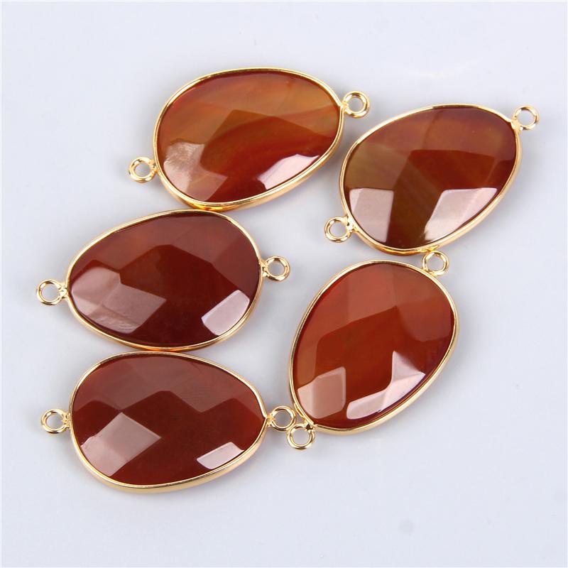 2PCS Natural Faceted Stone Agates Quartzs Amazonite Pendant Gold Color Connector Charm Double Hole For Jewelry Making Gift