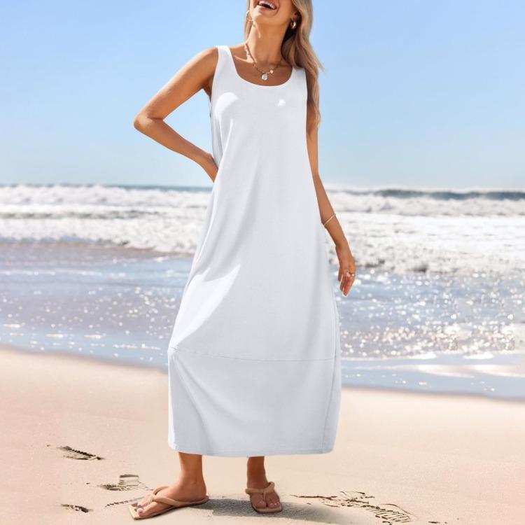 Summer Women's Casual Loose Sleeveless Round Neck Sundress Long Beach Dress
