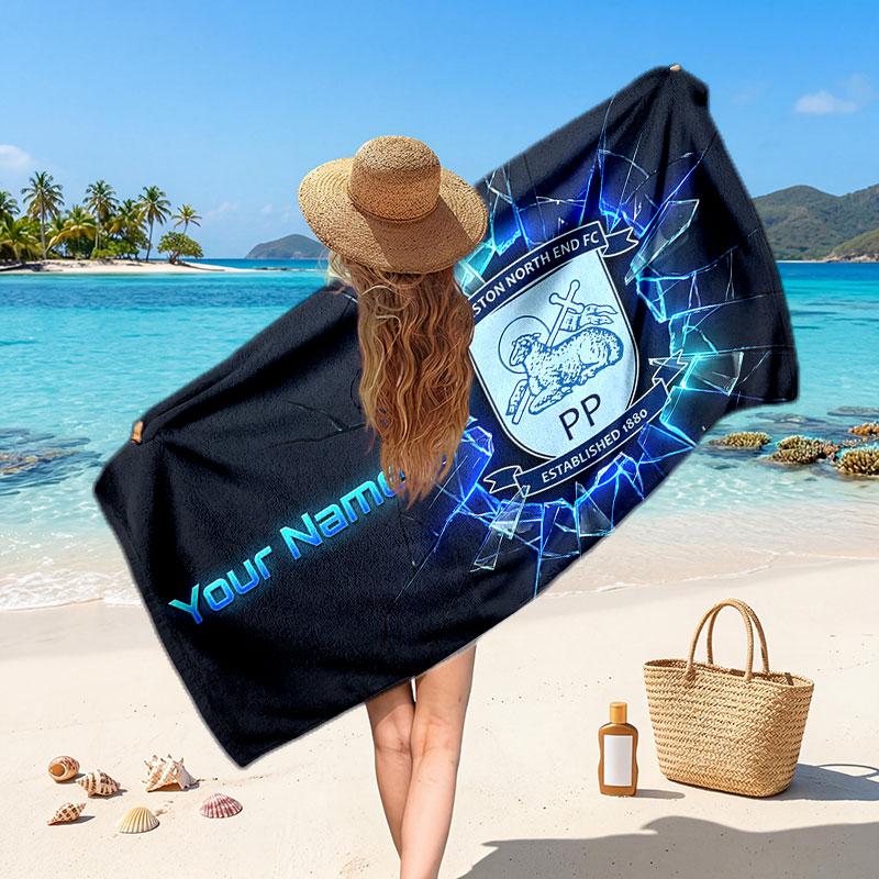 Preston North End Custom Beach Towel, Personalized Name Text Print, Football Logo Soft Quick‑Dry Towel Holiday Gift