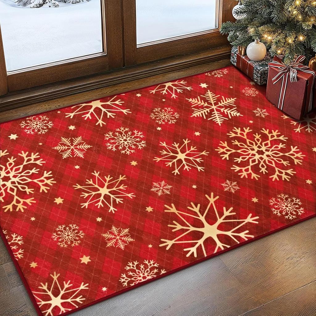 Christmas Area Rug Rugs Soft Washable Rug for Bedroom, Non Slip Snowflake Xmas Throw Rugs Winter Checkered Christmas Carpet for