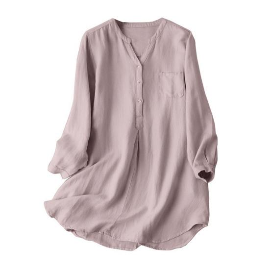 Женская рубашка с V-образным вырезом, пуговицами, полузастежкой, длинным рукавом, свободный крой, повседневная рубашка, однотонная рубашка средней длины