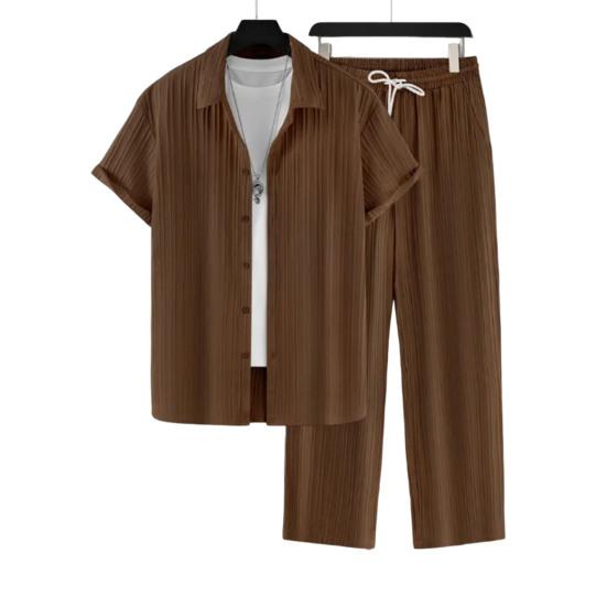2 шт./комплект мужской повседневный наряд однобортная рубашка с лацканами короткий рукав эластичный пояс длинные брюки комплект однотонный наряд