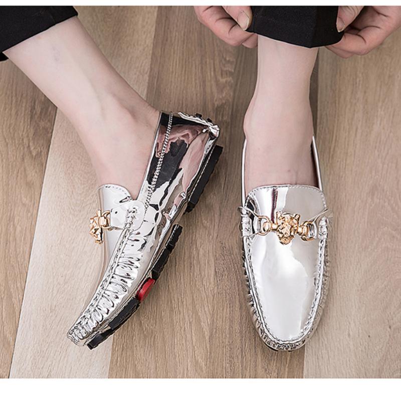 Летняя кожаная обувь мужская слипоны мокасины для вождения офисные лоферы дышащая золотая серебристая повседневная zapatos hombre