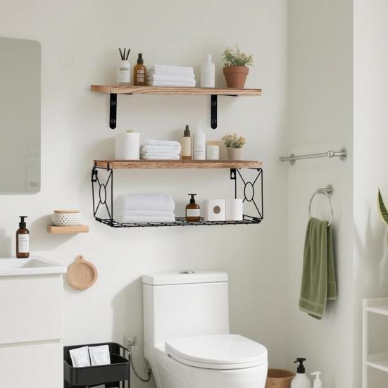 Настенная плавающая полка для ванной комнаты с металлическим ящиком, полка в деревенском стиле, деревянная, настенное крепление над унитазом, органайзер-стойка для хранения в домашнем офисе, гостиной