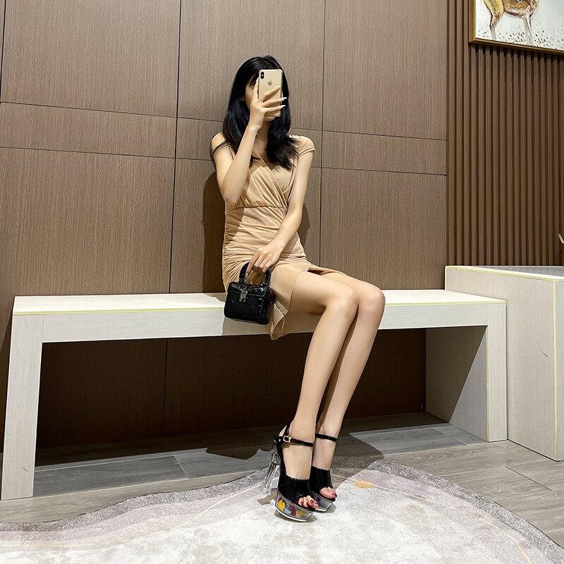 Женские черные босоножки на каблуке 14 см из искусственной кожи для танцев, босоножки на массивном каблуке с цветочными кристаллами, серия 10365 LFD