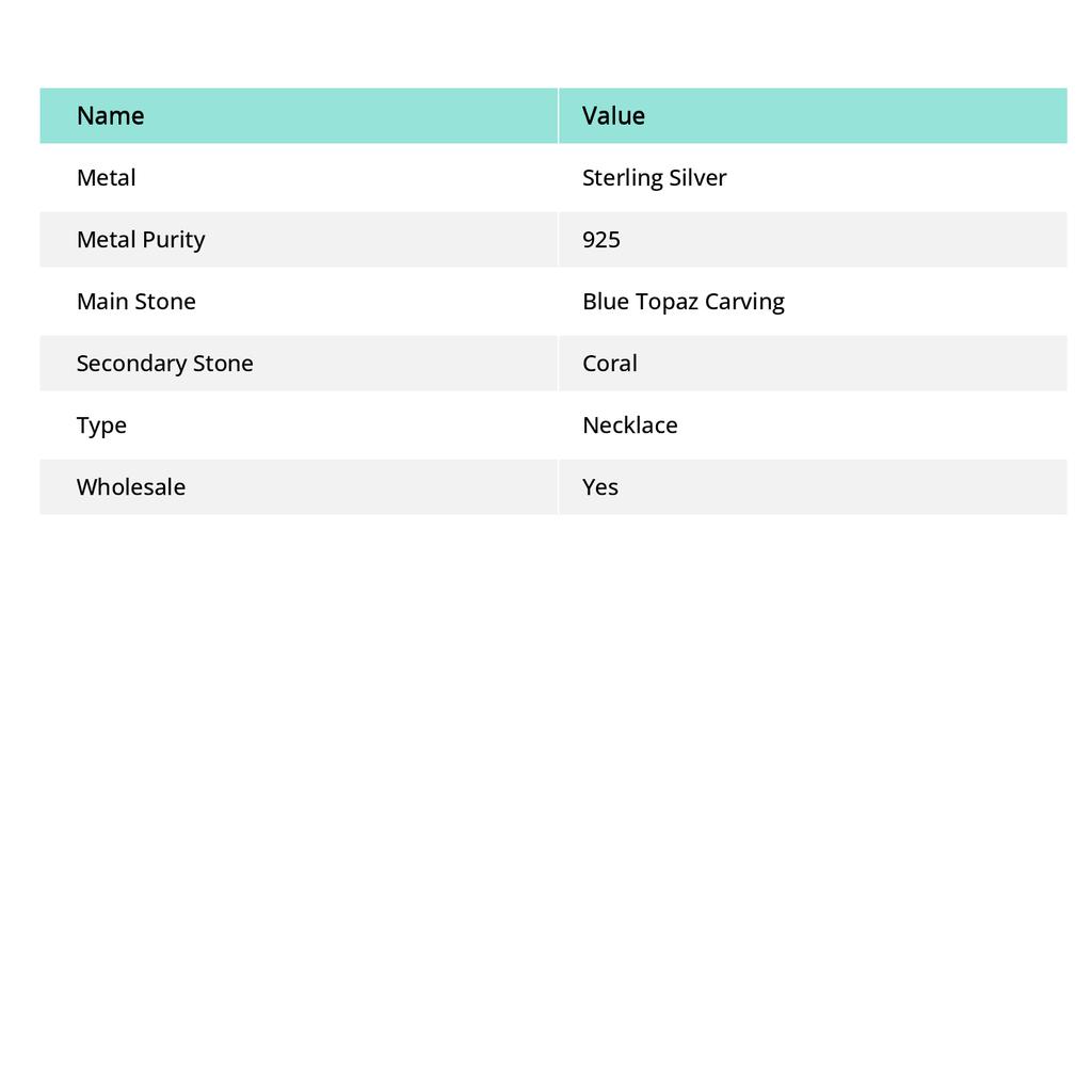 Blue Topaz Carving, Coral Gemstone 925 Sterling Silver Jewelry Necklace 18"