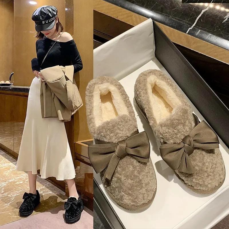 Fashion Women Moccasin Shoes Bow-Knot Slip-on Female Footwear Clogs Platform Loafers Fur Round Toe Casual Sneaker Winter Moccasins Butte