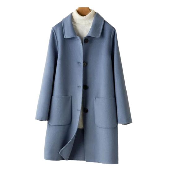 Women Jacket with Dual Pockets Lapel Solid Color Single-breasted Woolen Coat Loose Thermal Long