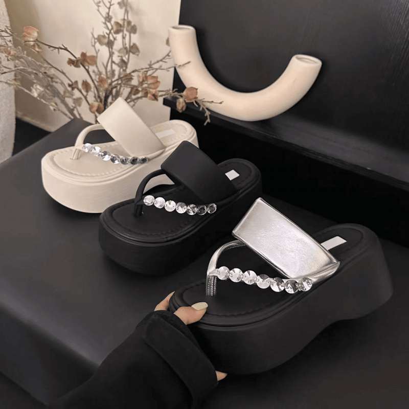 Korean Fairy Style Elegant Solid Color Muffin Bottom Slippers 2025 New Korean Version Fashion Pearl Toe Slippers