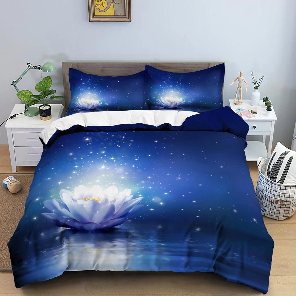 Пододеяльник Galaxy Lotus размера King Size Full Twin Синий Цветок Луна Постельный Комплект Для Подростков Взрослых Богемный Цветочный 2/3 шт.