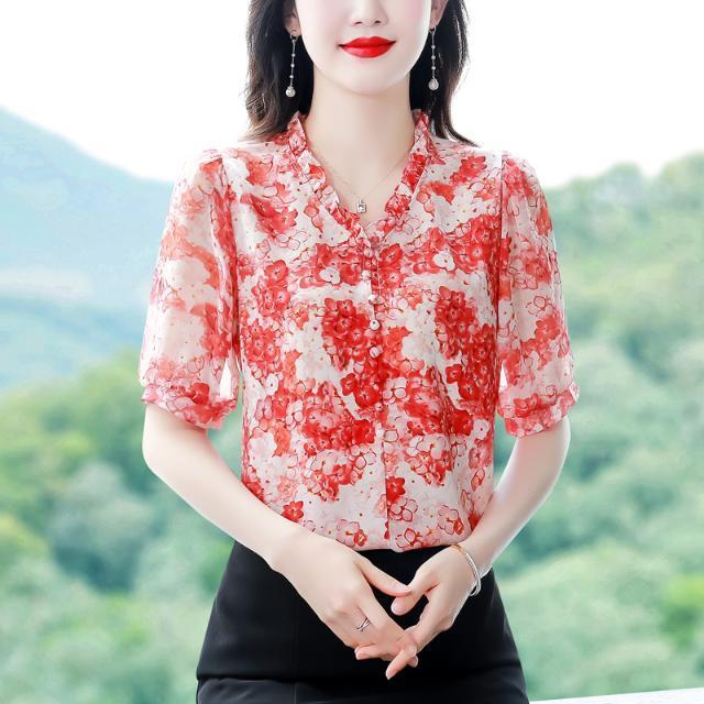 Шифоновая рубашка с цветочным принтом для мамы, новая летняя блузка с короткими рукавами, женская модная блузка с v-образным вырезом и принтом, M-4XL