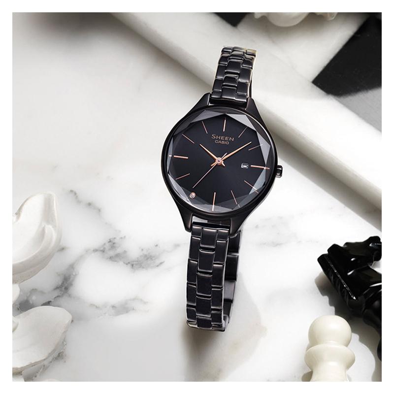 Casio Серия CASIOSHEEN простой трехмерный ромб бизнес кварцевый механизм стальной ремешок японский и корейский SHE-4062BD-1AUPR-person