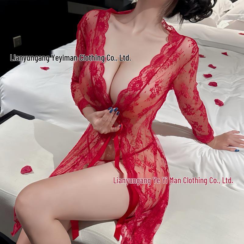 Сексуальное кружевное кимоно больших размеров: Прозрачная ночная сорочка с дизайном длинного платья