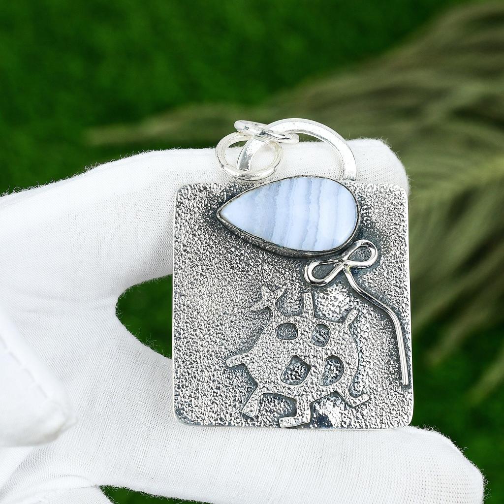 Sisters Day Deal 925 Silver Blue Lace Agate Gemstone Anniversary Pendant Jewelry